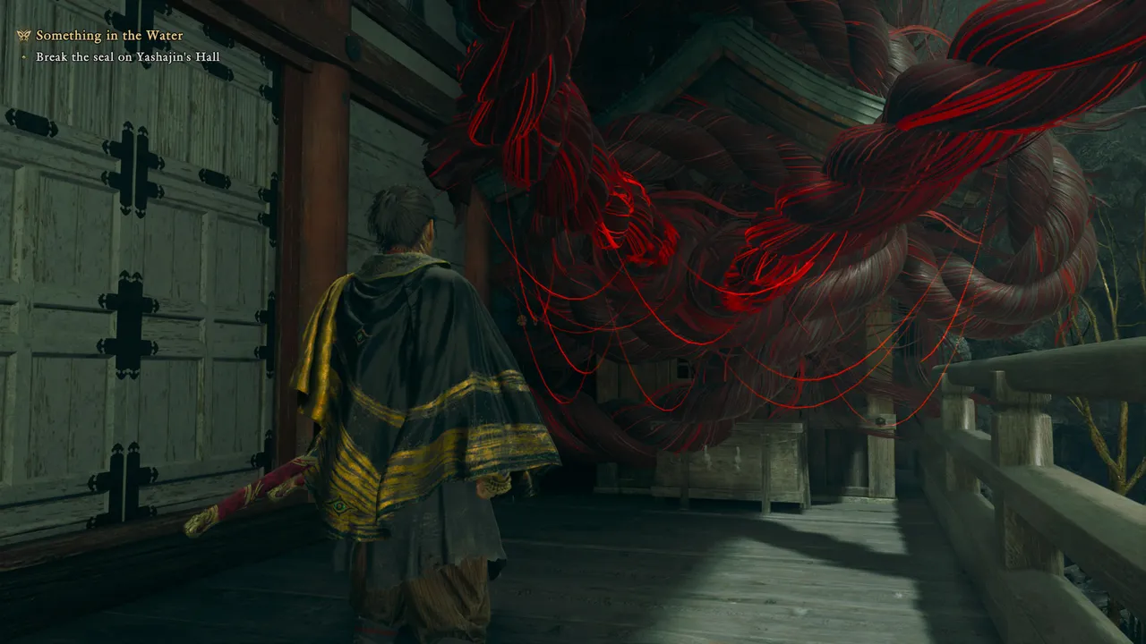 A Red Thread barrier revealed through Oni Vision, blocking the path forward until its source is dealt with.