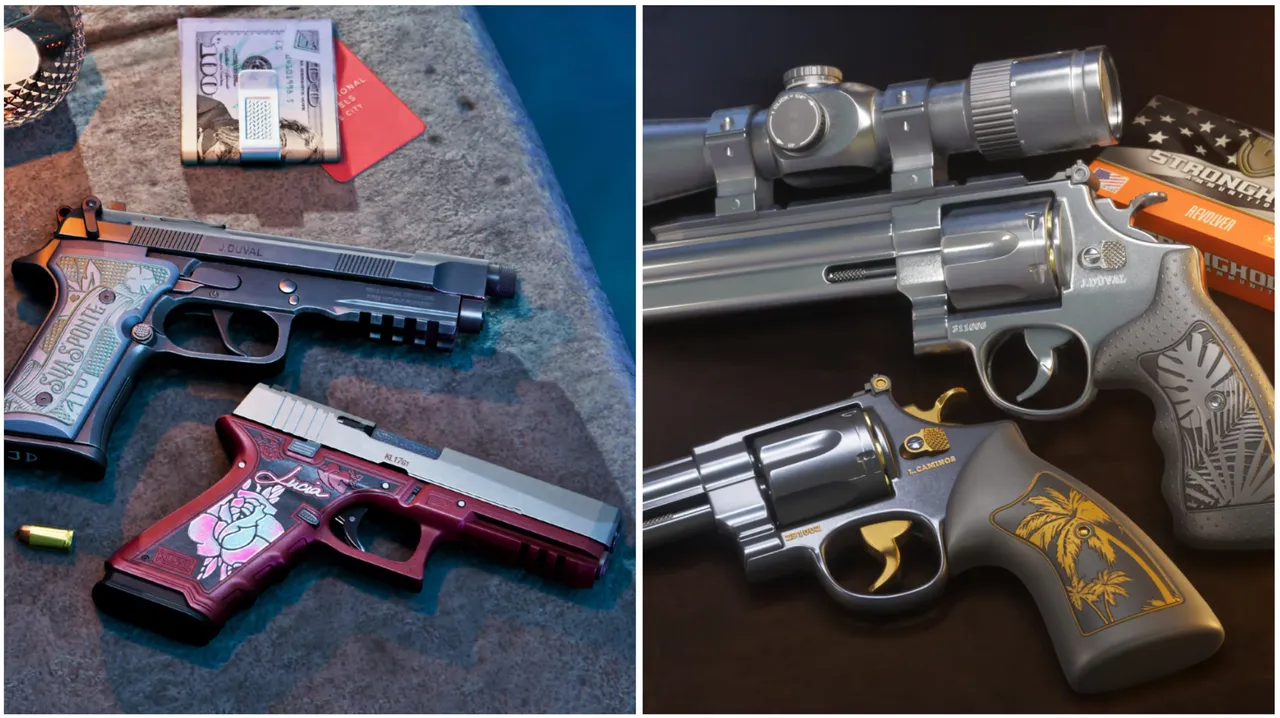 GTA 6 Ultimate Edition weapons include personalized sidearms with detailed engravings for Jason's Girardi ES9 pistol and Lucia's Klose K17 pistol