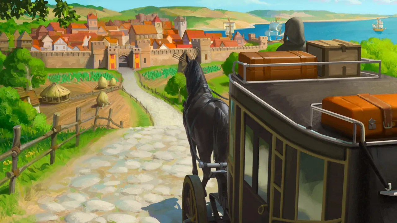 Arriving in Marns for the first time — the hand-painted artwork is where the game's visual identity is at its absolute strongest.