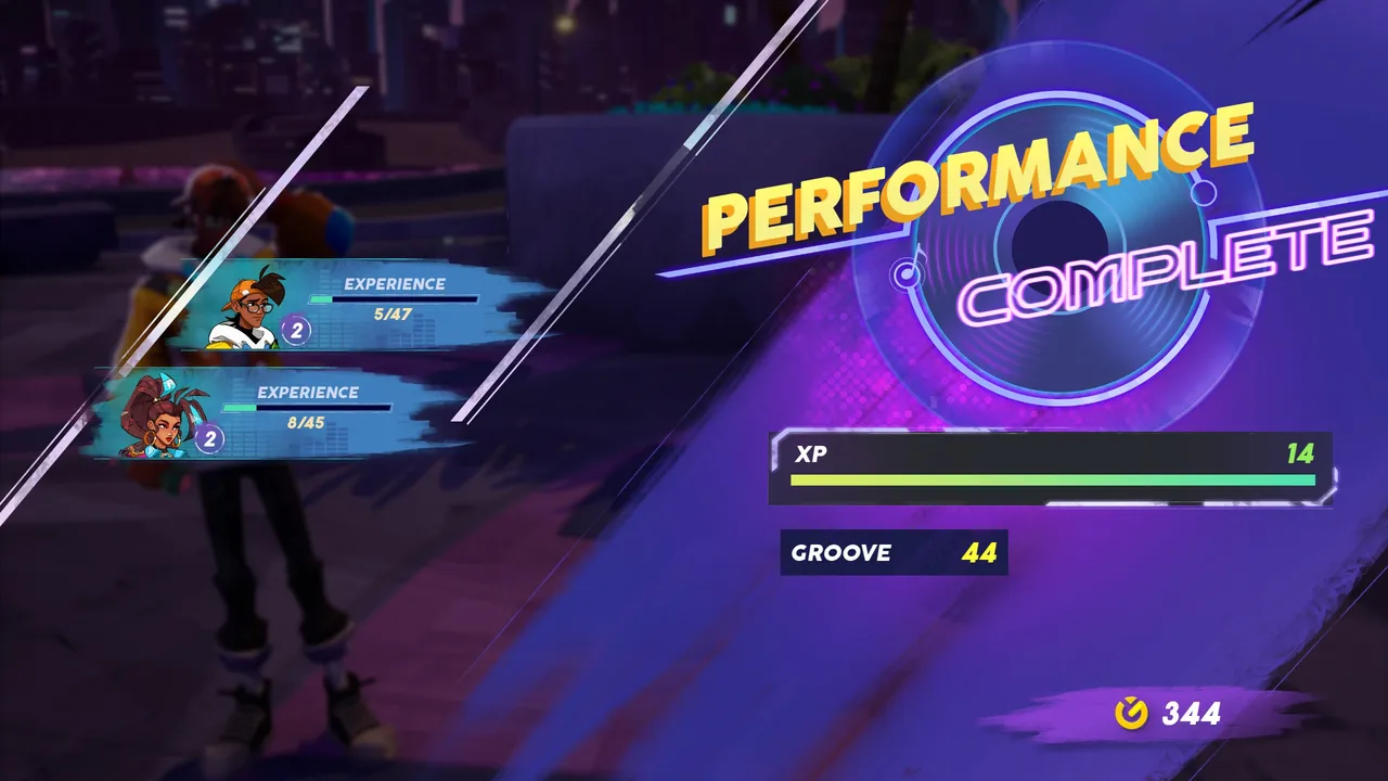 The post-battle rewards screen in People of Note, tallying up XP, Groove, and character experience after a successful musical showdown