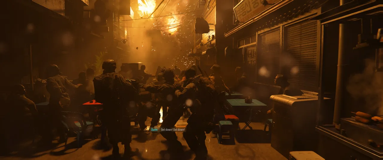 A quiet street turns into a wall of fire in seconds, and moments like this are where the campaign’s cinematic ambitions hit hardest.