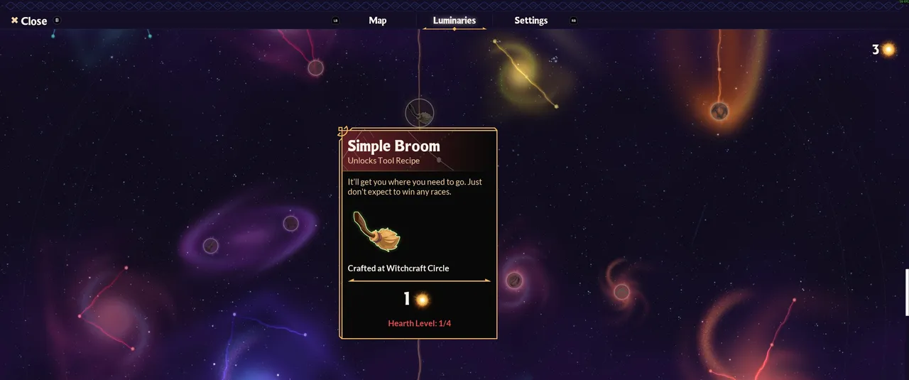 The Luminaries skill tree spreads across a constellation-filled starfield. The Simple Broom node is selected, showing it unlocks a broom recipe at the Witchcraft Circle, gated behind Hearth Level 1.