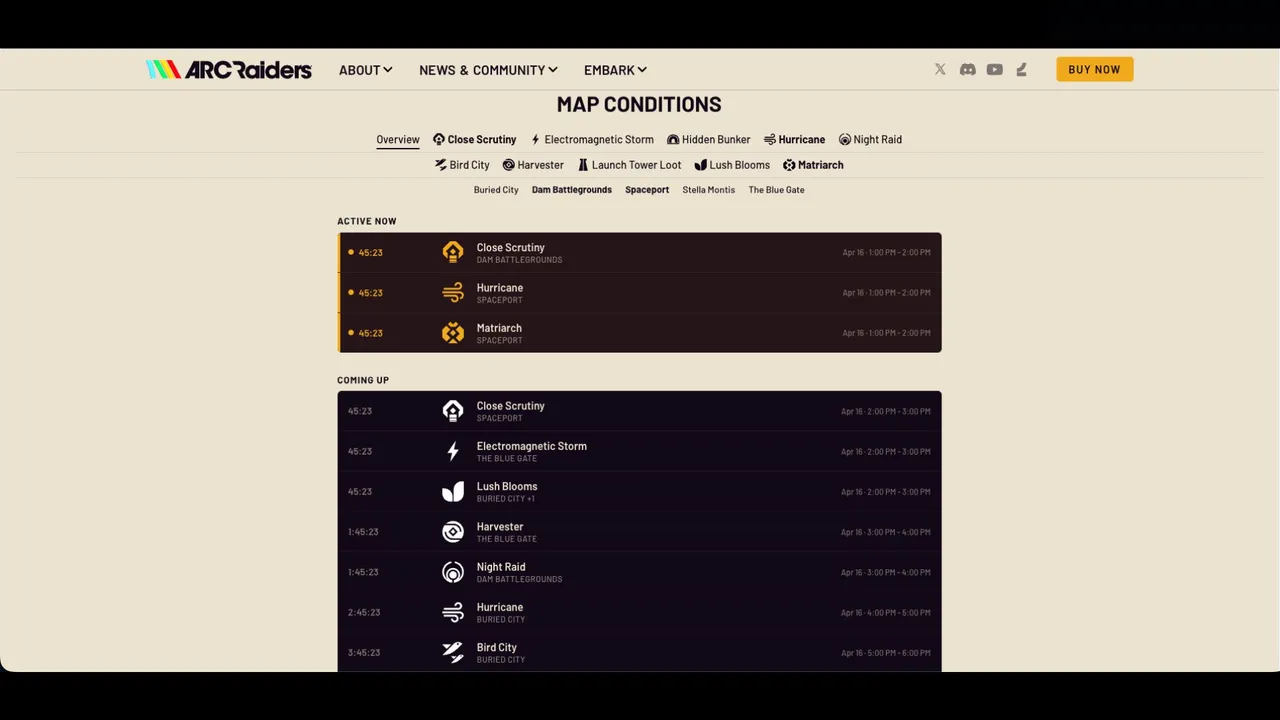Official Map Condition Schedule for ARC Raiders