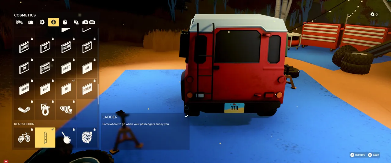 The cosmetics menu at the vendor lets you deck out your rig with liveries and attachments, including a rear ladder described as "somewhere to go when your passengers annoy you."
