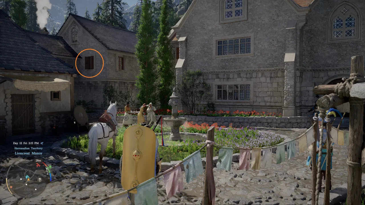 Skip the front door entirely. The circled window on the second house to the left is your way in