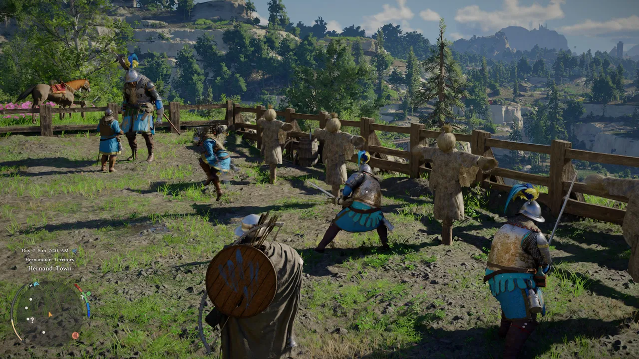 Combat training in Hernand Town — one of countless organic activities you'll stumble upon