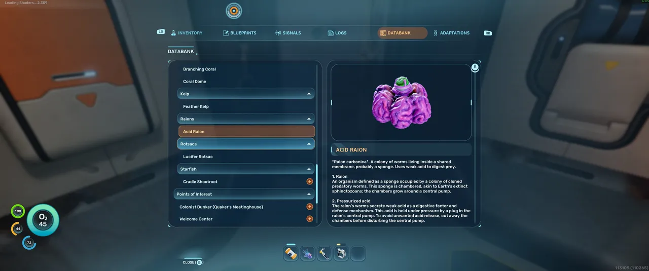 The Acid Raion databank entry. These creatures are your source of Acidic Raion Pouches. Hit them with the Survival Multitool to harvest the pouches. Each one yields four, so a single Acid Raion is more than enough for one battery.