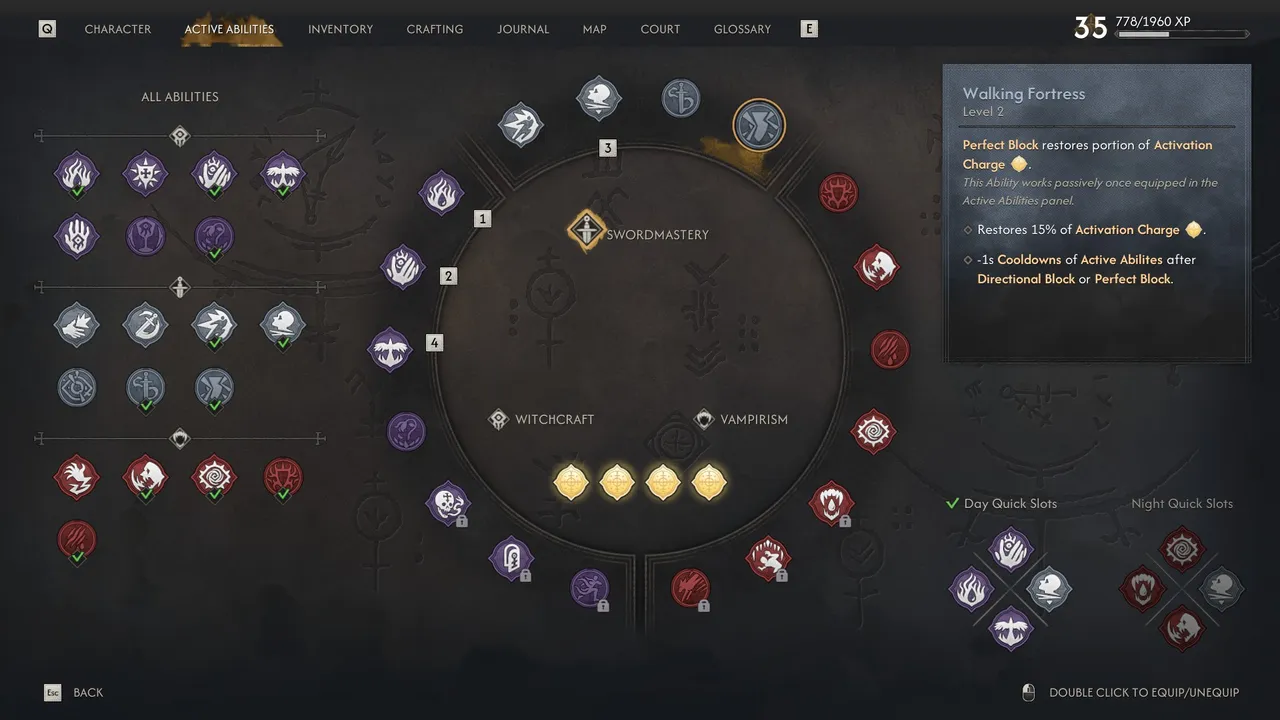 The Blood of Dawnwalker: The Active Abilities Wheel, where unlocked Abilities need to be equipped before they'll work in combat. Separate Day and Night Quick Slots (bottom right) let you set up distinct Human and Vampire form loadouts.