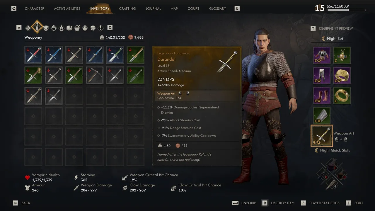 The Blood of Dawnwalker: Weapons with a Weapon Art list it directly in their inventory tooltip, cooldown included