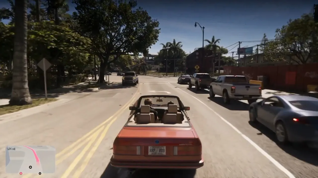Jason and Lucia driving through the streets of Vice City