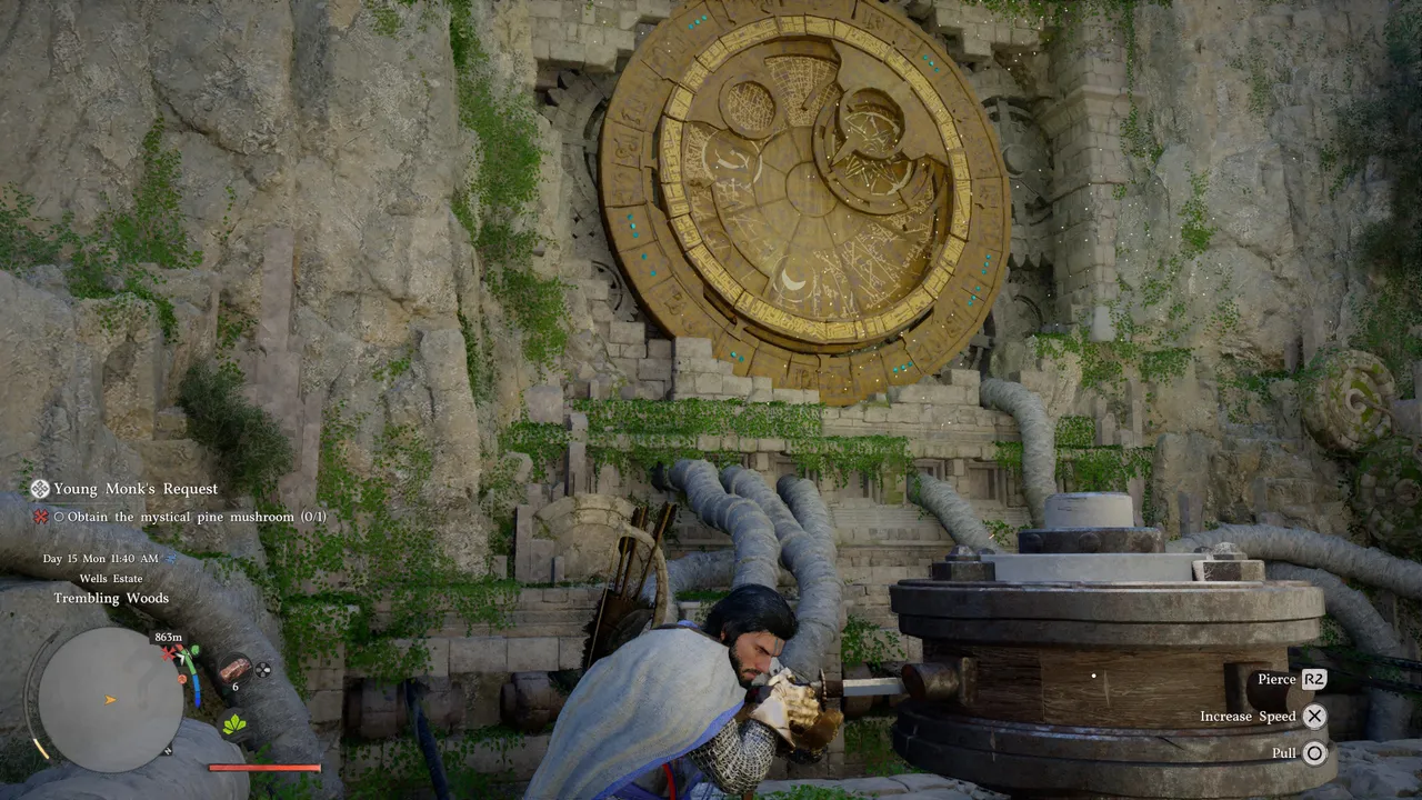 Use your sword driven into the device on the left with the Stab ability to rotate it