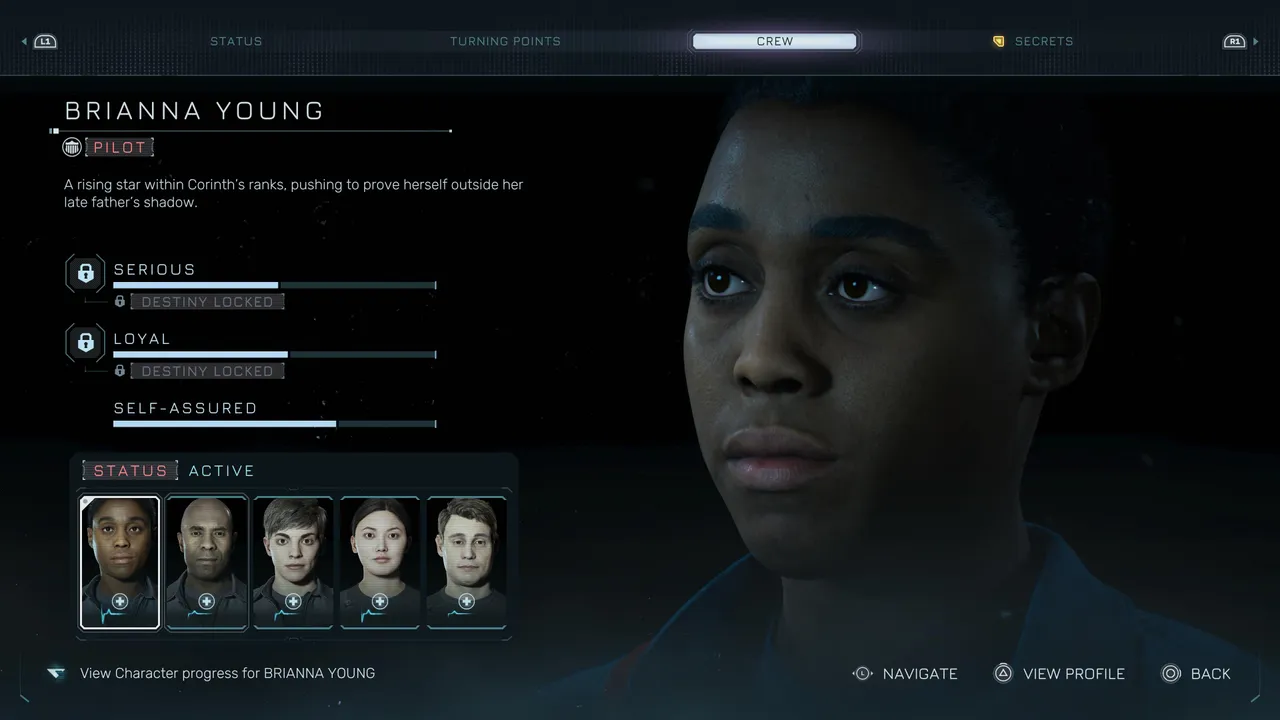 The crew roster tracks each character's personality traits and current status. Keeping them all alive is entirely down to the choices you make throughout.