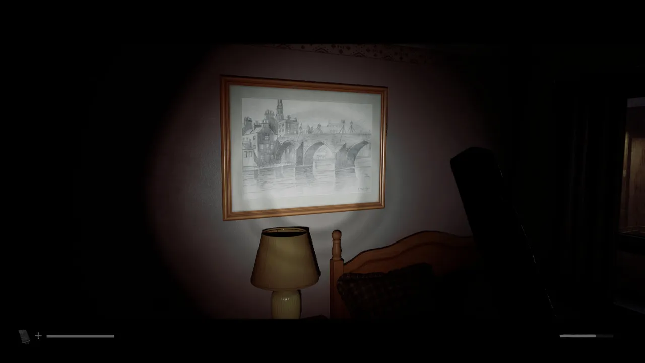 The pencil drawing of the bridge in the bedroom, held up by three arches.