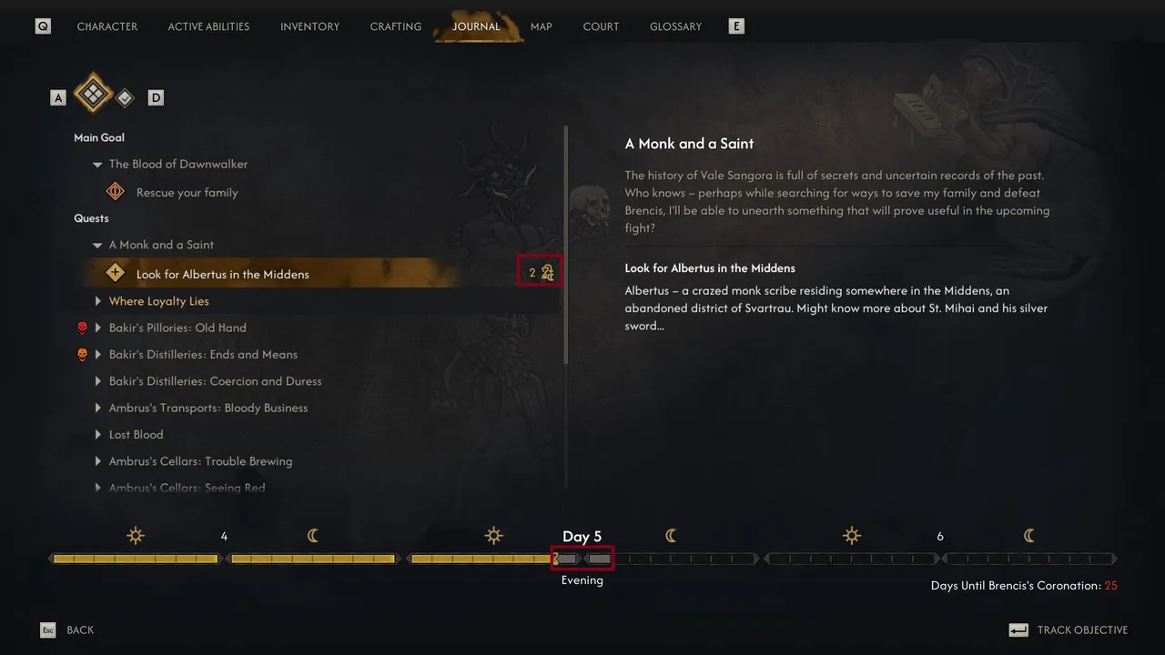 The Blood of Dawnwalker: An hourglass icon in the Journal showing that taking on this quest will consume two Time Segments