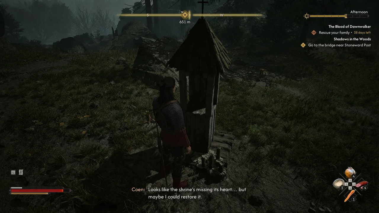 Coen approaches a Destroyed Shrine, spotting that it's missing its heart before he can restore it.