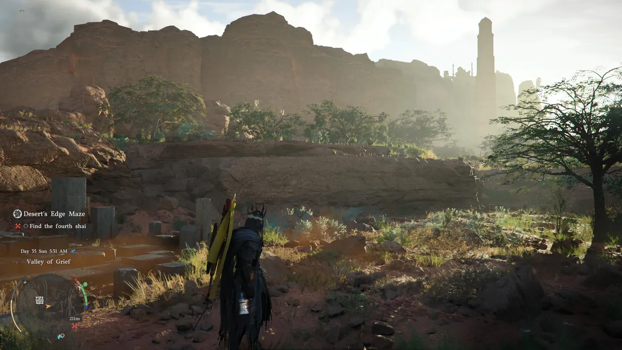 Ancient ruins loom over the crimson desert landscape