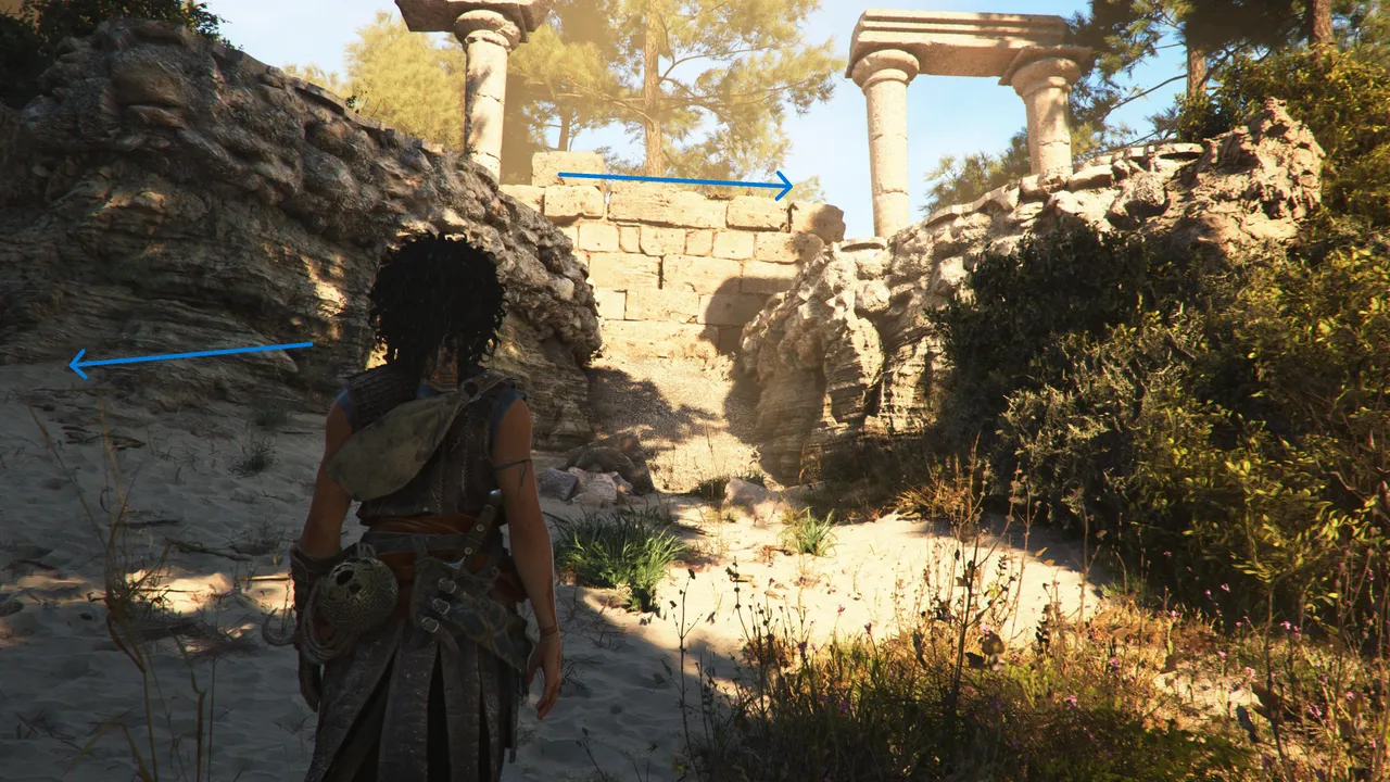 Step one is climbing the cliffs which will be on your left, and then Sophia can jump over to the second column and proceed.