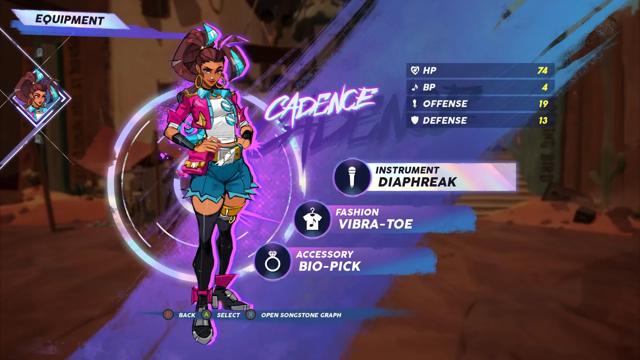 Cadence's equipment screen in People of Note, showing her stats and loadout: the Diaphreak instrument, Vibra-Toe fashion, and Bio-Pick accessory