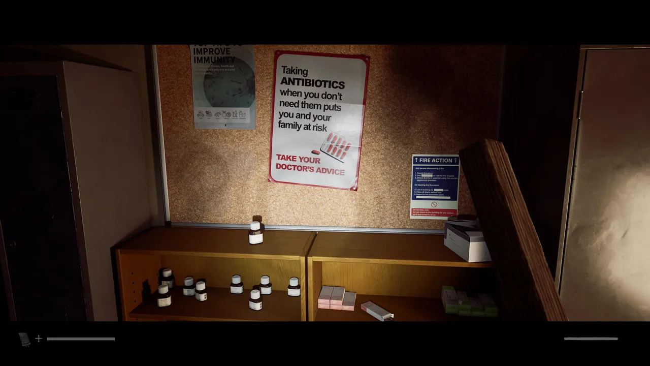 The antibiotics shelf and its poster, a pack of ten with one pill missing gives you the last digit.