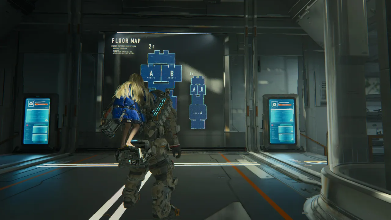 The floor map on the wall shows the two-wing structure of the testing area clearly. Area A-2 on the left and Area B-2 on the right branch off from the same point. Always take the left.