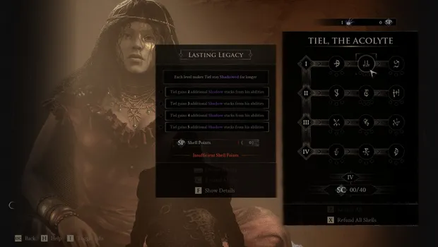 Tiel, The Acolyte's Ability upgrade tree