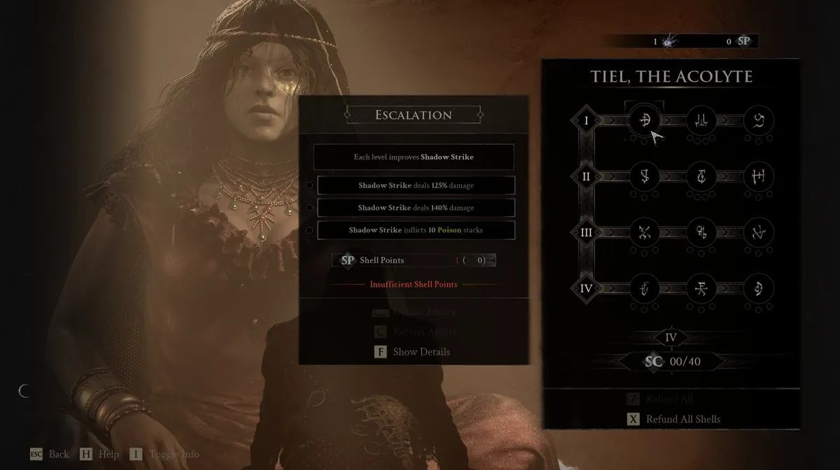 Tiel, The Acolyte's Ability upgrade tree