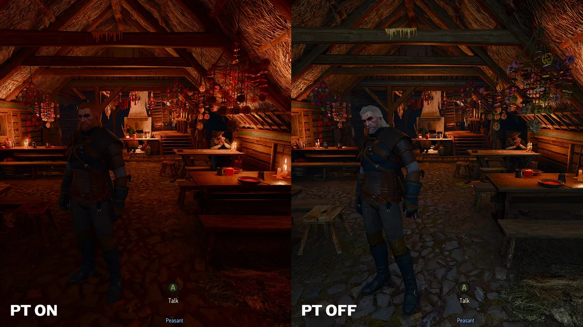 The Witcher 3 Wild Hunt Remastered - Path Tracing brings a significant change to lighting in some scenarios, like here, in this inn