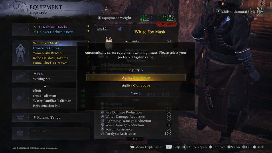 Nioh 3: The equipment affects the encumbrance level