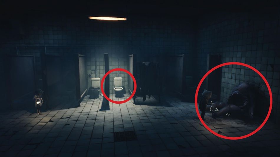 Take the plunger and unclog the toilet on the right
