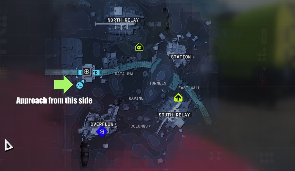 The green arrow marks the western entry point for Hauler. Approach from here to navigate the building efficiently.
