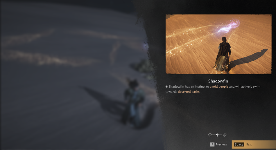 Where Winds Meet Hexi: The in-game introduction to the Shadowfin, explaining its avoidance behaviour