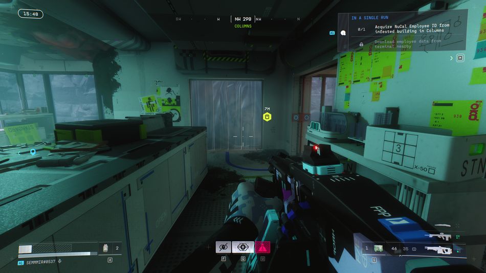 The employee ID is tucked away in a small room behind a plastic strip curtain — follow the green objective marker once you're inside.