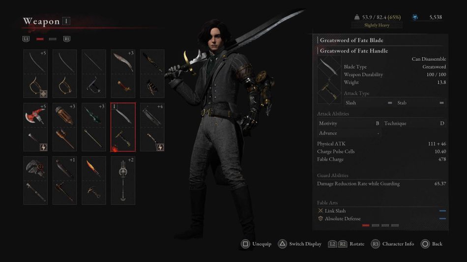 Lies of P - Greatsword of Fate Handle has pretty strong Motivity scaling