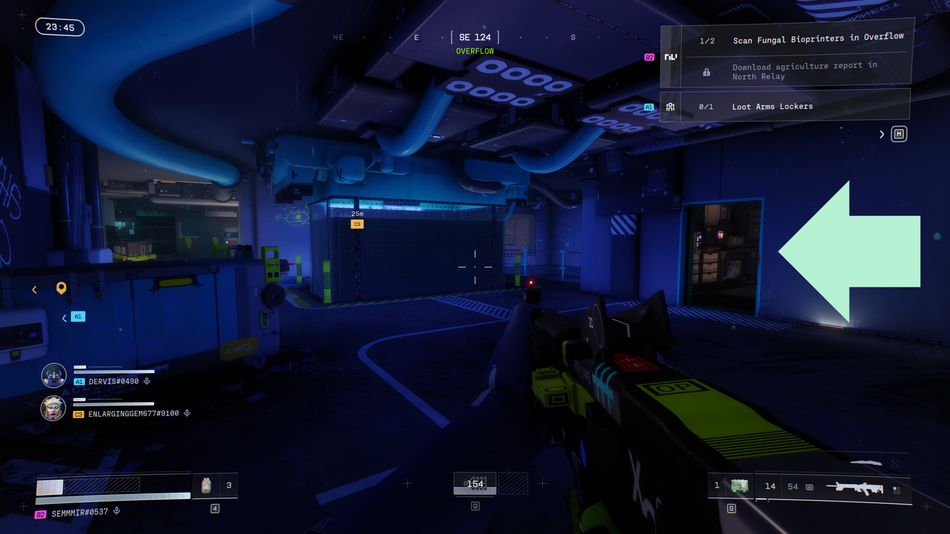 Once you're in Overflow's blue-lit section, the first Fungal Bioprinter is behind the door on the right. Follow your radar to SE if you're struggling to navigate.