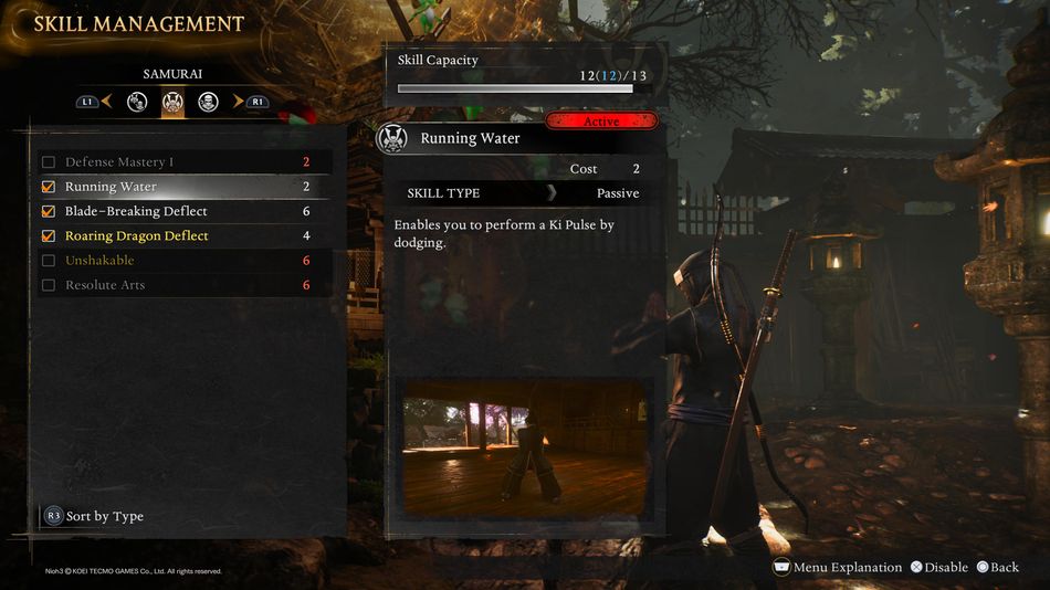 Nioh 3: Running Water skill will allow you perform Ki Pulse by dodging
