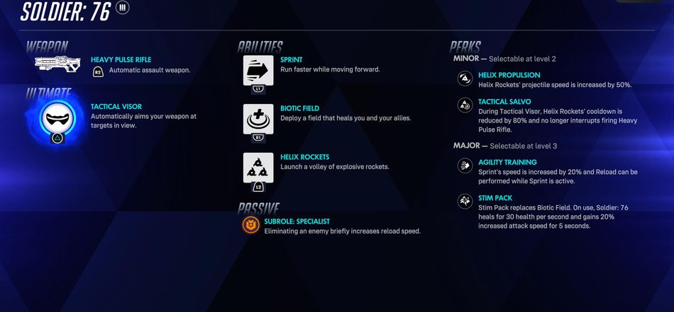Soldier: 76's Sprint, self-heal, and Tactical Visor ultimate make him incredibly forgiving for beginners.