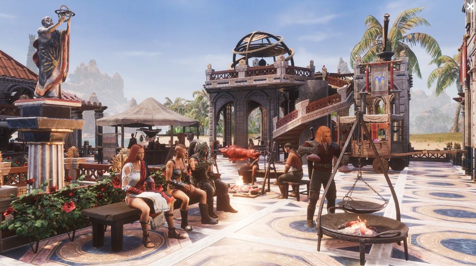 Conan Exiles screenshot showing player base with NPCs sitting around and cooking meals over fire