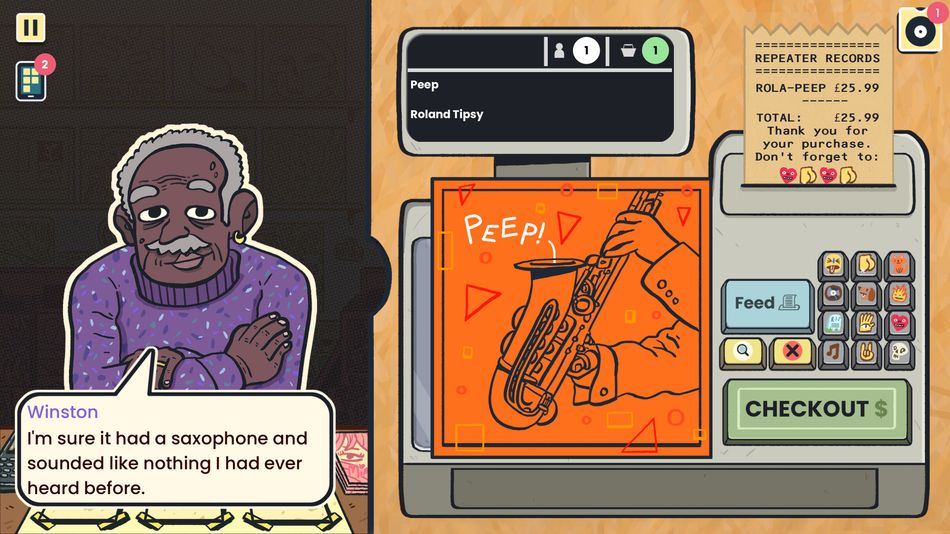 The vibrant, hand-drawn art style of Wax Heads brings the eclectic cast of musicians and customers to life.