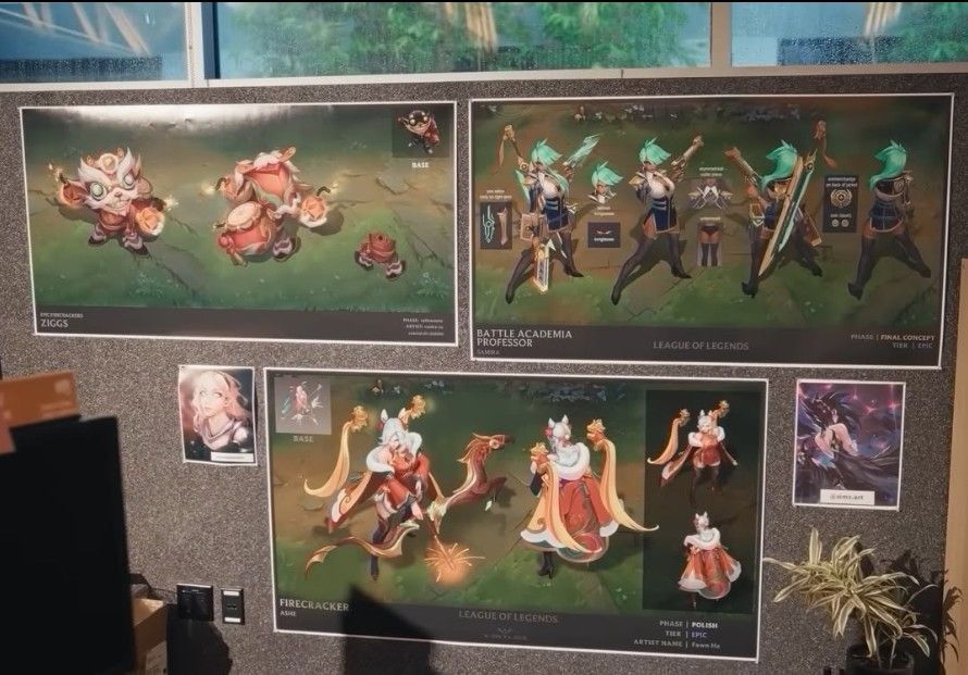 Concept Art for Firecracker Ziggs and Ashe including Battle Academia Professor Samira