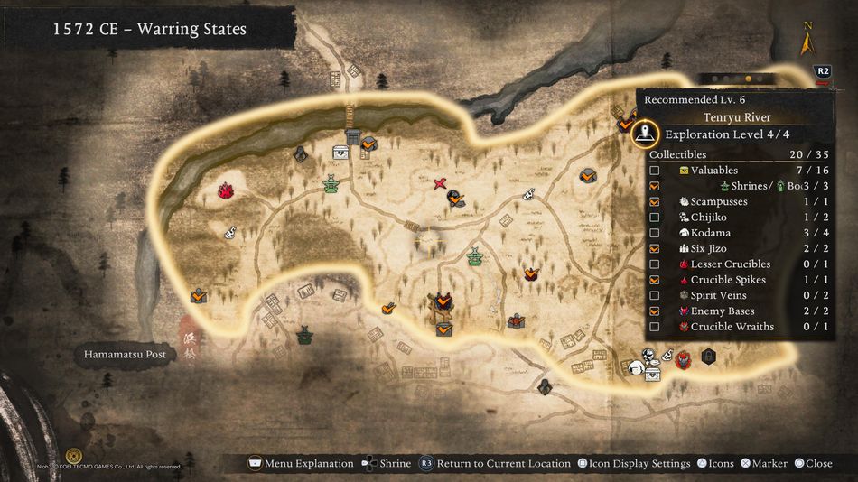 Nioh 3: Press R2 to check out how many collectibles are left to gather in a certain area