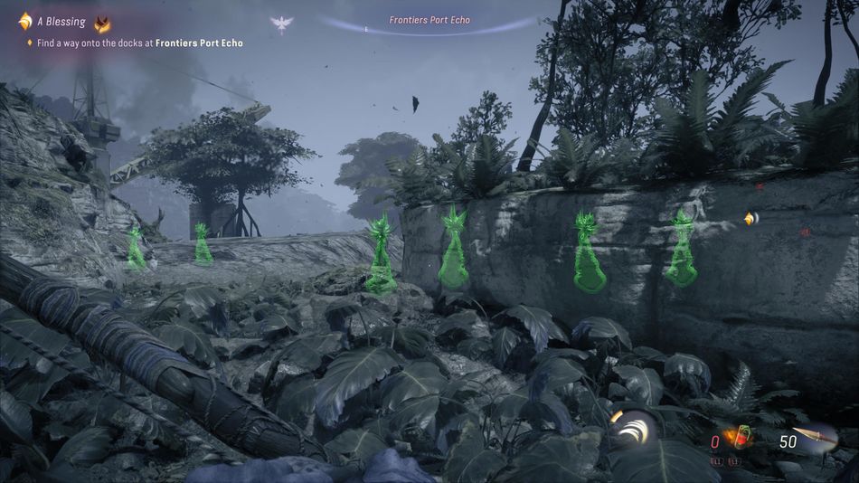 Avatar: Frontiers of Pandora – From the Ashes: Green silhouettes in Na'vi Senses mark the healing items