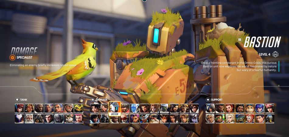 Bastion excels at holding positions and shredding enemies with massive damage, even without perfect aim.