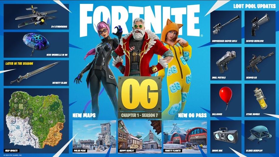 Loot pool features 10+ returning items including X-4 Stormwing planes, Infinity Blade, Balloons, Boom Box, and various weapons from 2018