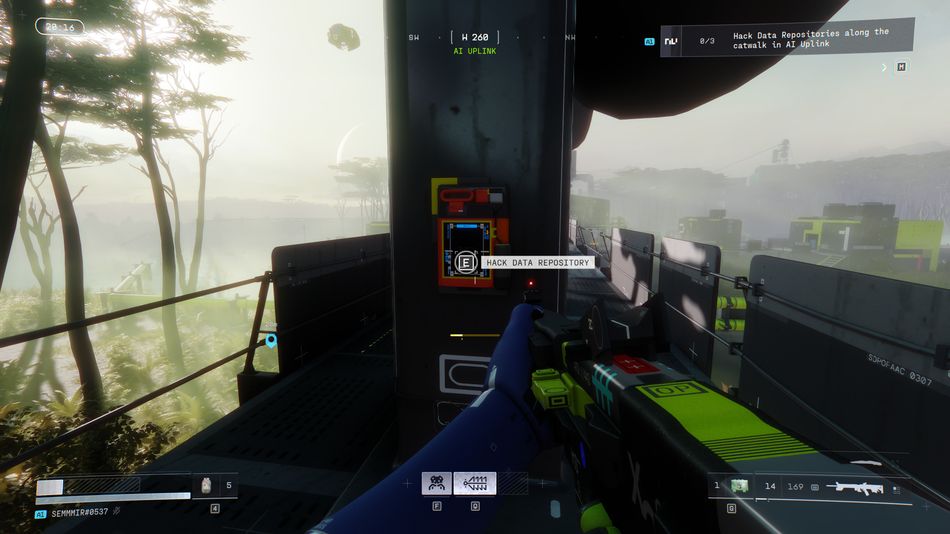 Each data repository sits along the catwalk railing. Approach and press E to hack - do this three times to finish the contract.