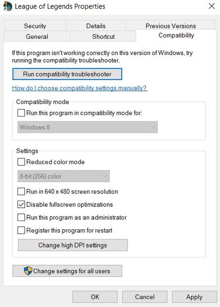 Disabling fullscreen optimization for League of Legends
