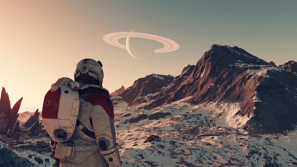 Starfield screenshot showing a man in astronaut suit looking at mountains and a distant planet in the sky
