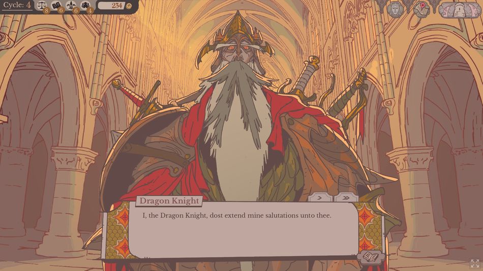 The Dragon Knight serves as an early antagonist in Sovereign Tower's tale of medieval management and magical mishaps