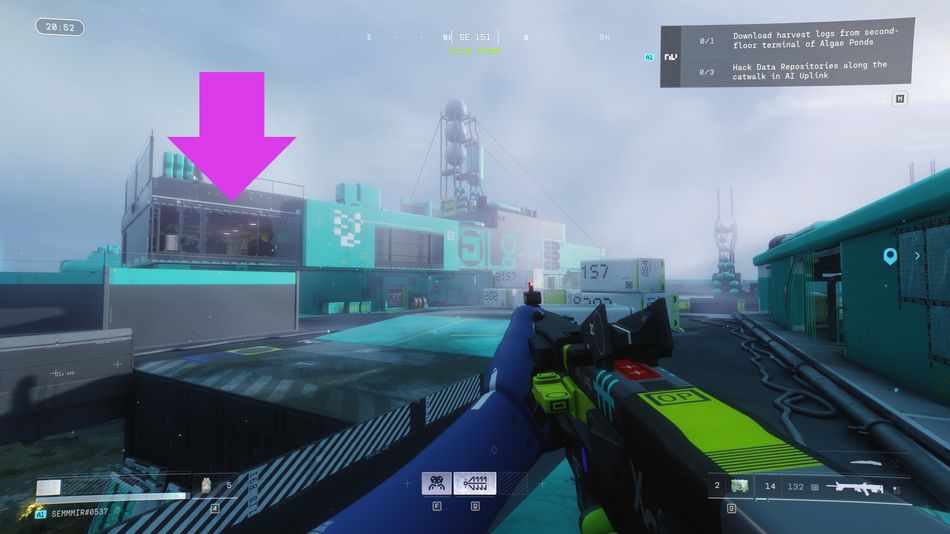 The cyan building in Algae Ponds is your first stop - the harvest logs terminal is on the second floor inside.