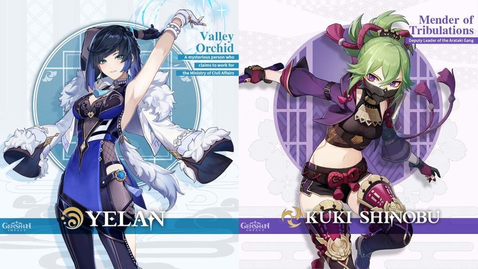 Genshin Impact characters Kuki Shinobu and Yelan