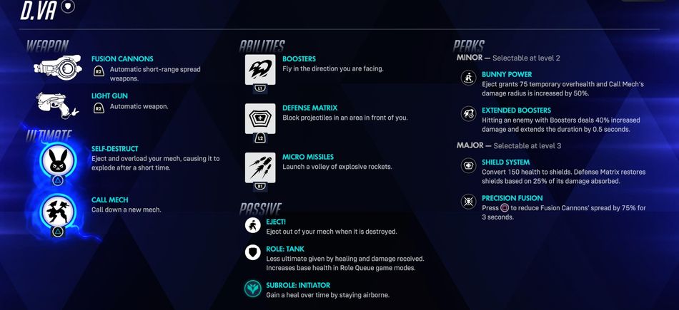 Boosters, Defense Matrix, and Micro Missiles give D.Va the tools to dive, defend, and deal damage.
